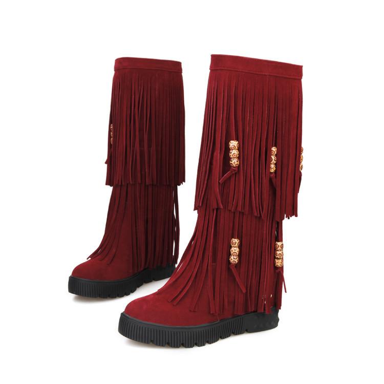 Women Boho Winter Tassel Warm Hidden Heel Long Boots