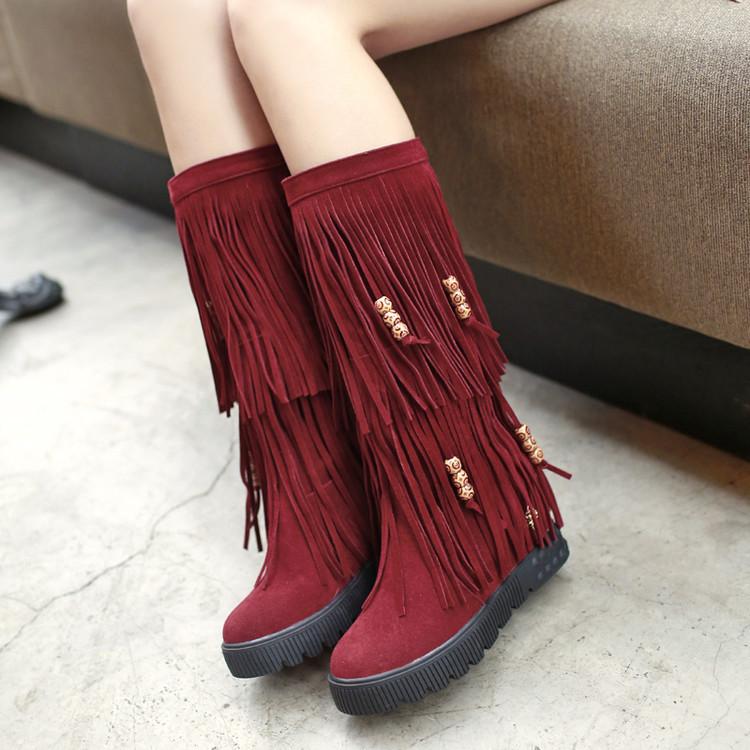 Women Boho Winter Tassel Warm Hidden Heel Long Boots