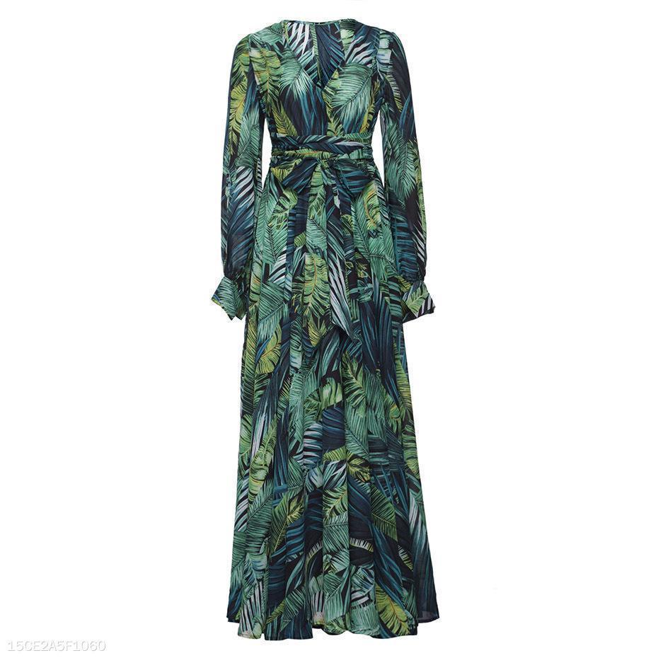 Lantern Sleeve V Collar Leaf Print Dress