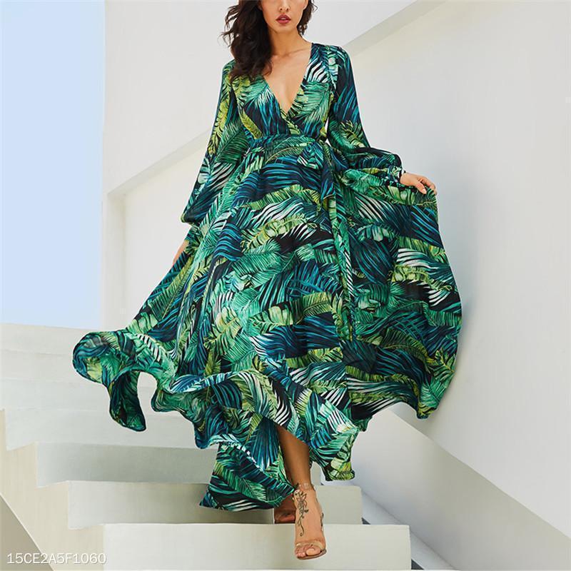 Lantern Sleeve V Collar Leaf Print Dress