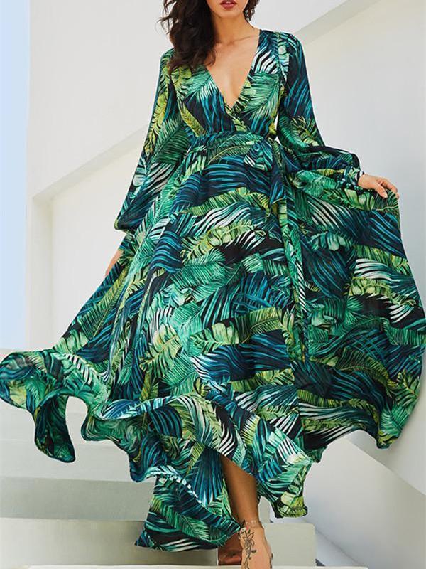 Lantern Sleeve V Collar Leaf Print Dress