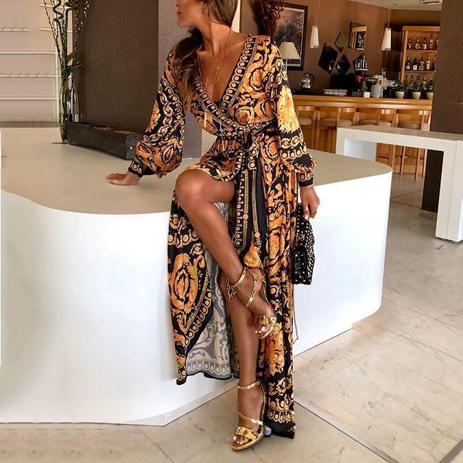 Early Autumn Long Sleeve V-Neck Print Maxi Dress