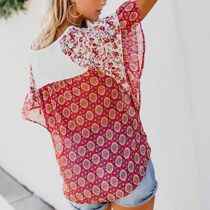 Boho Printed Geometric Irregularity Short-Sleeved Blouse Tops