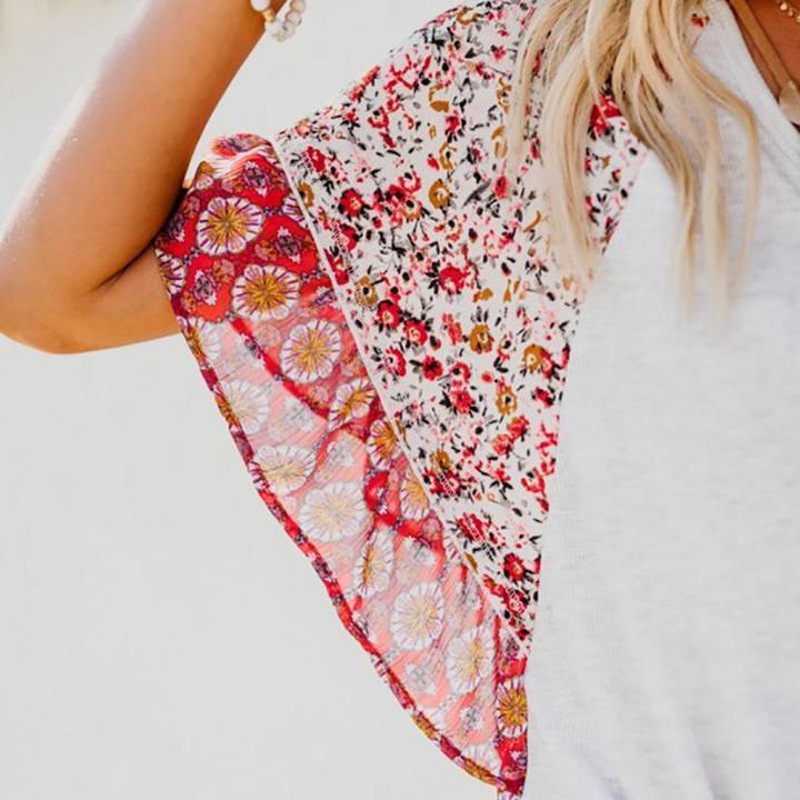 Boho Printed Geometric Irregularity Short-Sleeved Blouse Tops