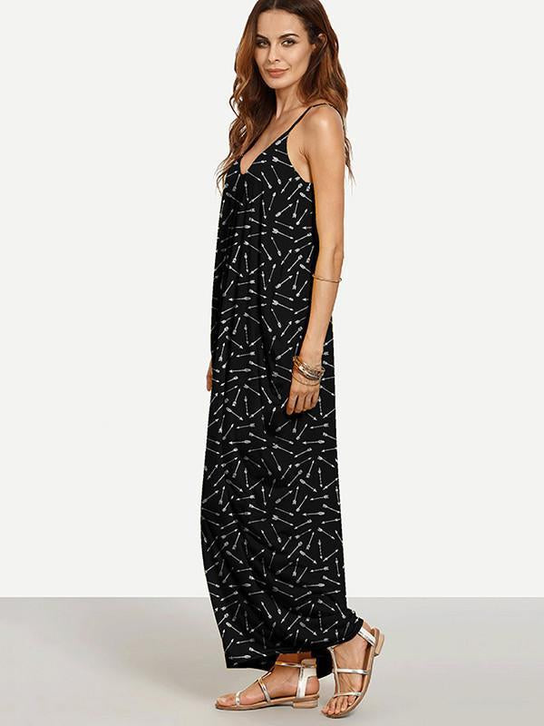 Cool Black Bohemia Spaghetti Straps V Neck Maxi Dress