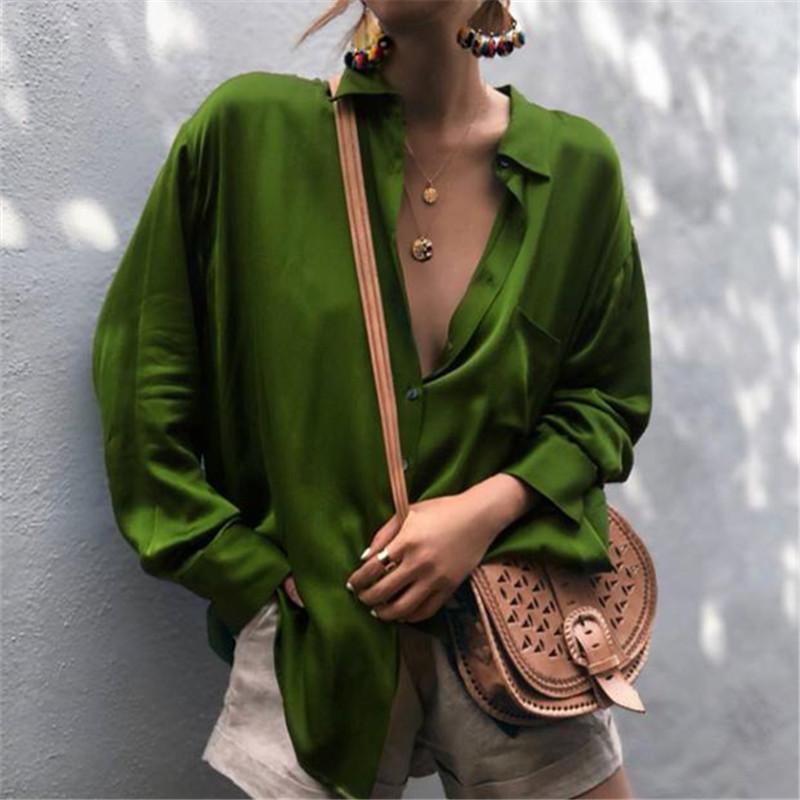 Solid Color Loose Casual Sexy Fashion LongSl eeve Shirt