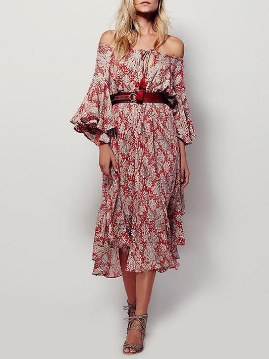 Pretty Bohemia Floral Off-shoulder Falbala Maxi Dress