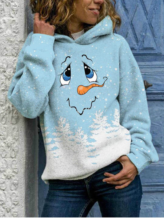 Snowman Face Print Long Sleeve Hoodies