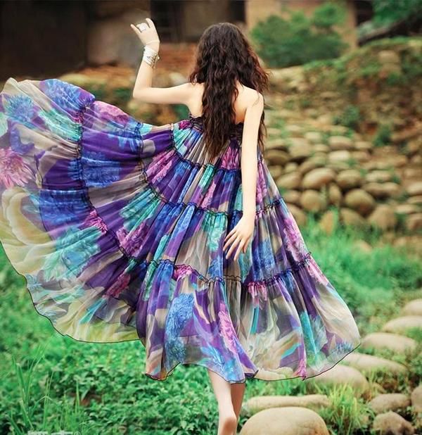 Bohemian Floral Printed Mid-Calf Pleated Chiffon Skirt