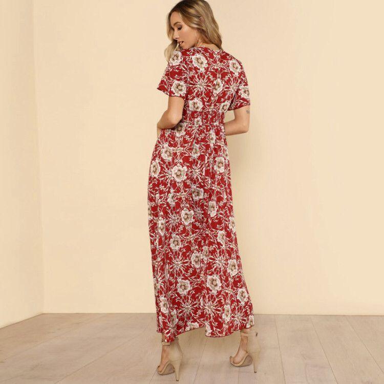 Floral Print V Neck Short Sleeve Beach Maxi Dress