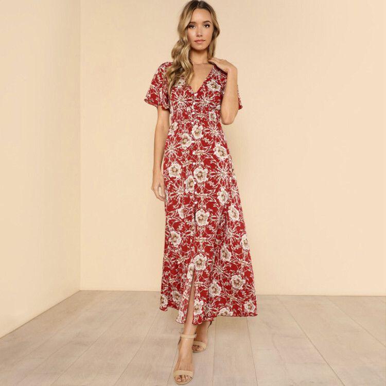 Floral Print V Neck Short Sleeve Beach Maxi Dress