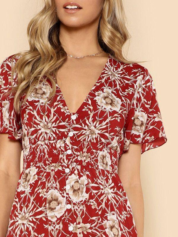 Floral Print V Neck Short Sleeve Beach Maxi Dress