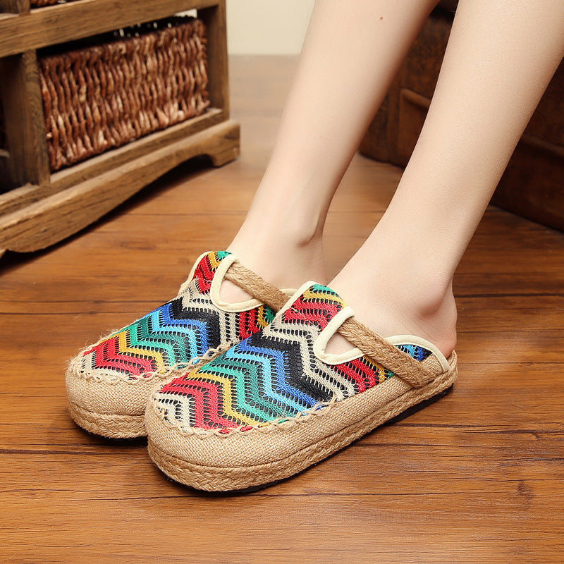 Colorful round toe shoes Thai handmade cloth shoes linen straw weaving art department college Style Slippers