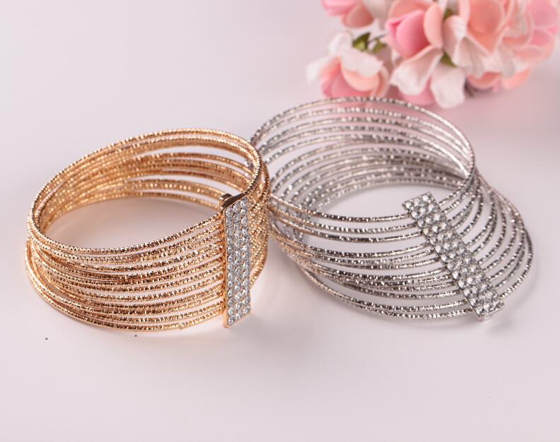 Fashion Multi-layer Wire Metal Exaggerated Circle Imitation Diamond Bracelet