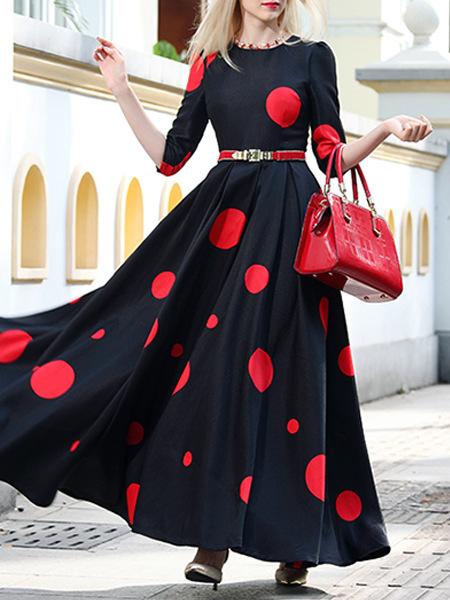 Vintage Polka Slim Big Hem Long Sleeve Maxi Dress