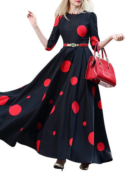 Vintage Polka Slim Big Hem Long Sleeve Maxi Dress