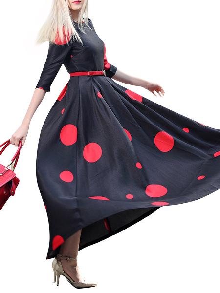 Vintage Polka Slim Big Hem Long Sleeve Maxi Dress