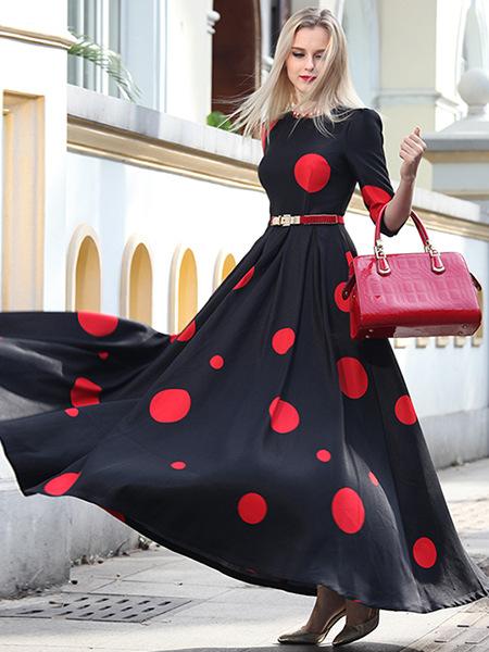 Vintage Polka Slim Big Hem Long Sleeve Maxi Dress