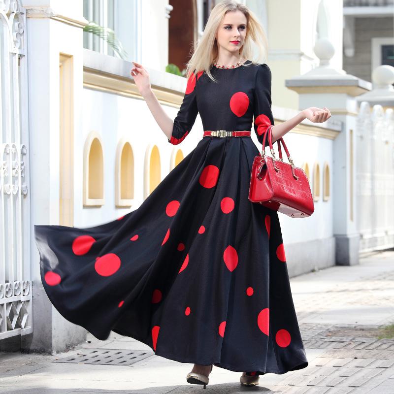 Vintage Polka Slim Big Hem Long Sleeve Maxi Dress