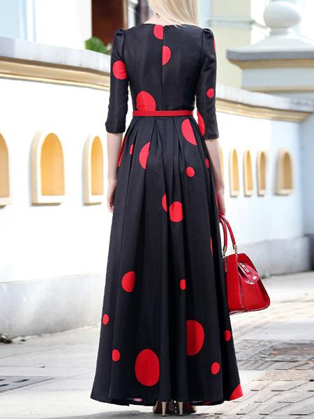 Vintage Polka Slim Big Hem Long Sleeve Maxi Dress