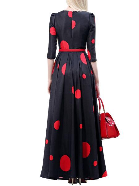 Vintage Polka Slim Big Hem Long Sleeve Maxi Dress