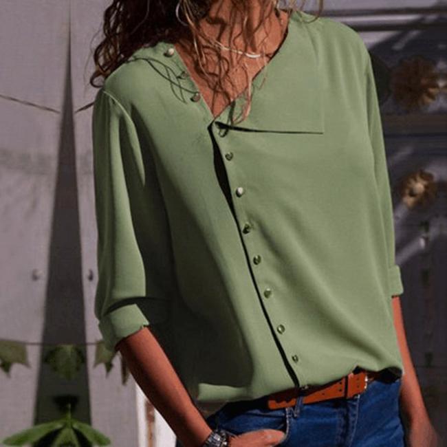 Casual Solid Color Irregular Diagonal Collar Button Long Sleeve Shirt