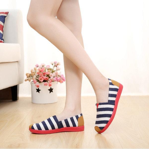 Stripe Canvas Flat Slip On Loafers