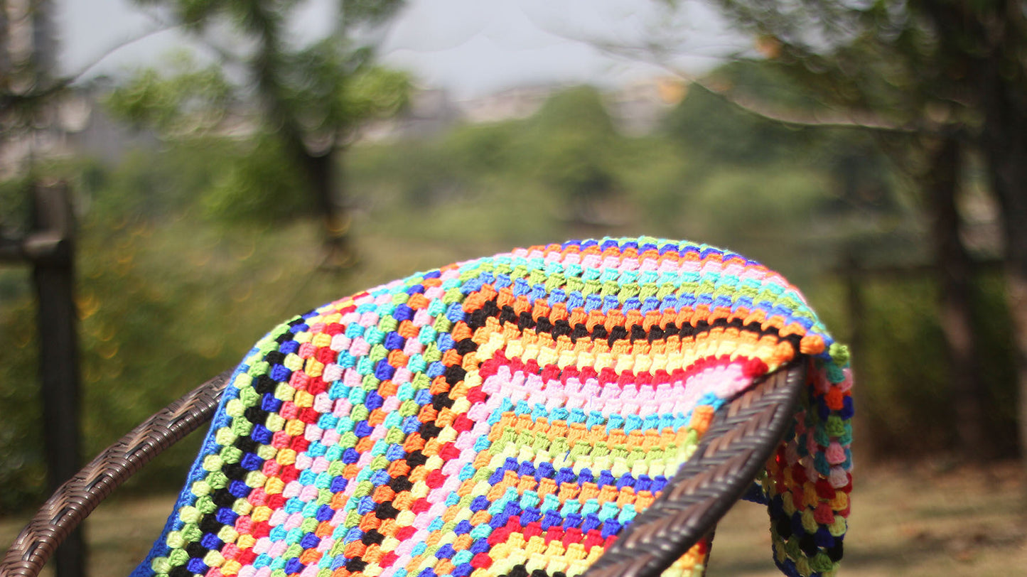 Color Striped Handmade Crochet Blanket Woven Cotton Thread Retro Pastoral Style Mat