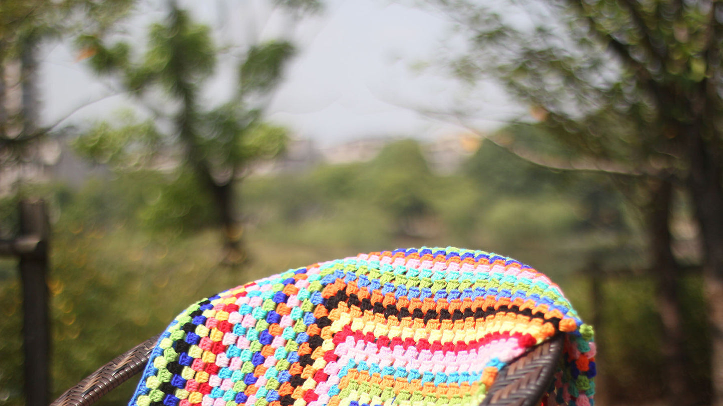 Color Striped Handmade Crochet Blanket Woven Cotton Thread Retro Pastoral Style Mat