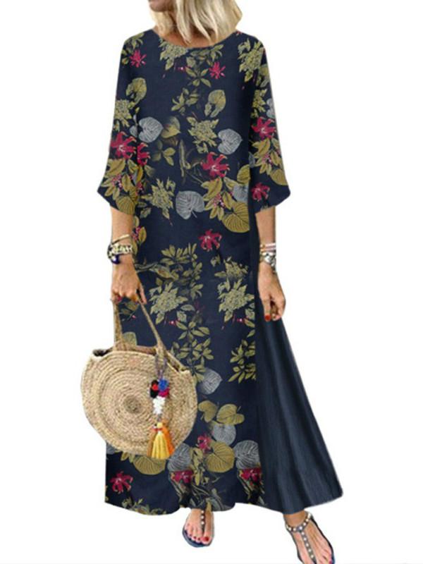 Autumn Long Dress Women Floral Print Boho Dress Three Quarter Sleeve O-neck Collar Dress Ladies Patchwork Loose Dresses