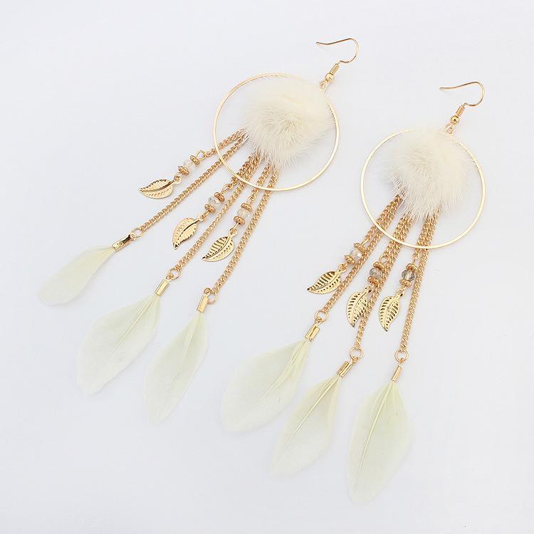 Bohemian Exaggerated Feather Shape Fringe Pierced Earrings