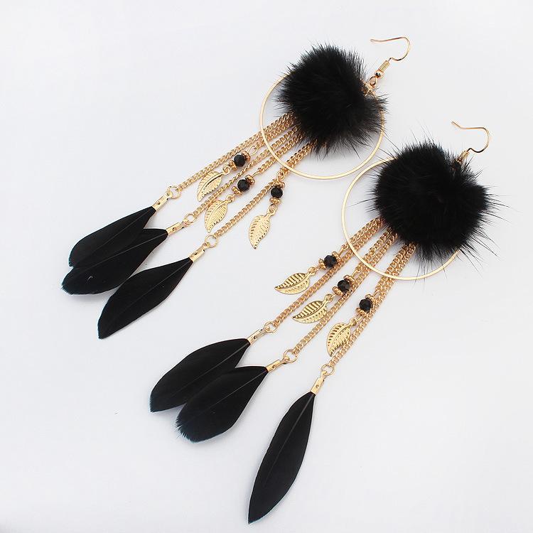 Bohemian Exaggerated Feather Shape Fringe Pierced Earrings