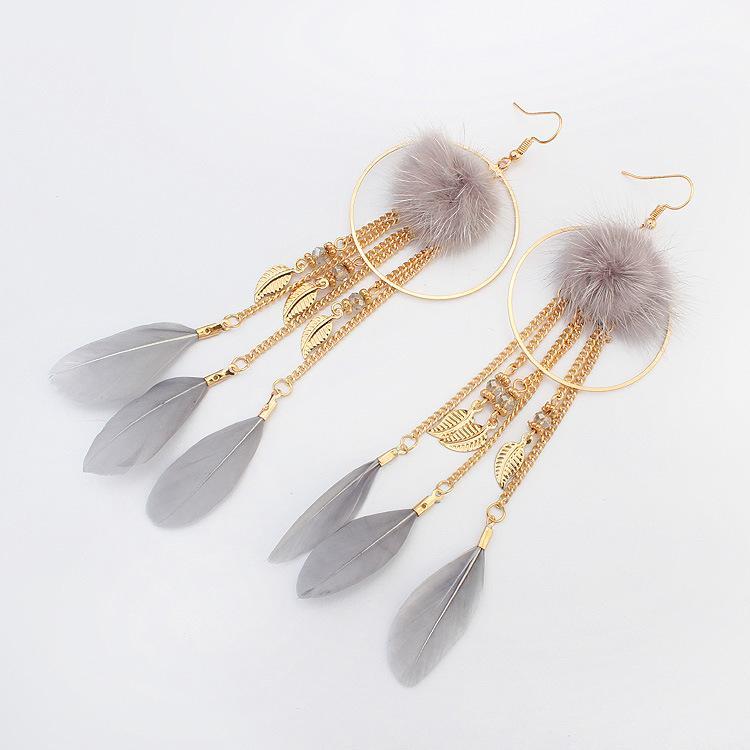 Bohemian Exaggerated Feather Shape Fringe Pierced Earrings