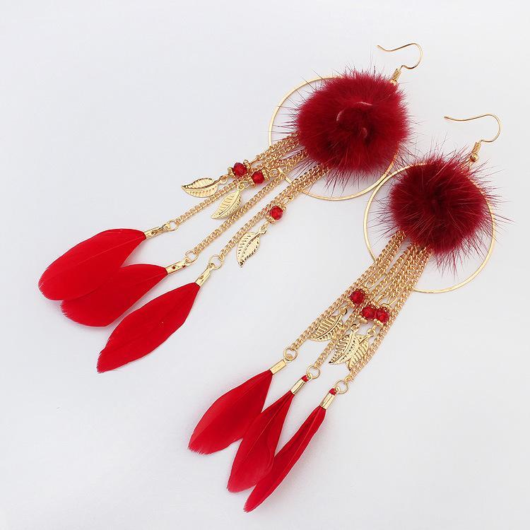 Bohemian Exaggerated Feather Shape Fringe Pierced Earrings