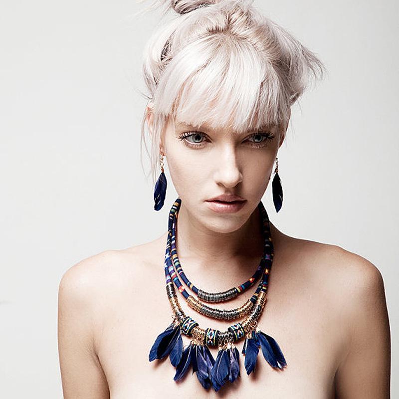 Multilayer Alloy Feather Tassel Necklace Earrings Set