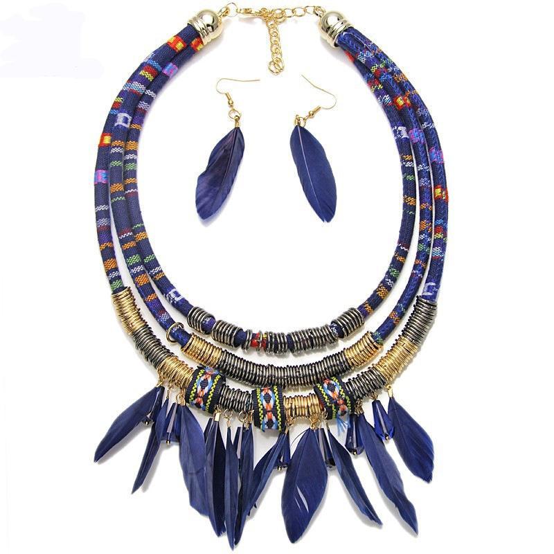 Multilayer Alloy Feather Tassel Necklace Earrings Set