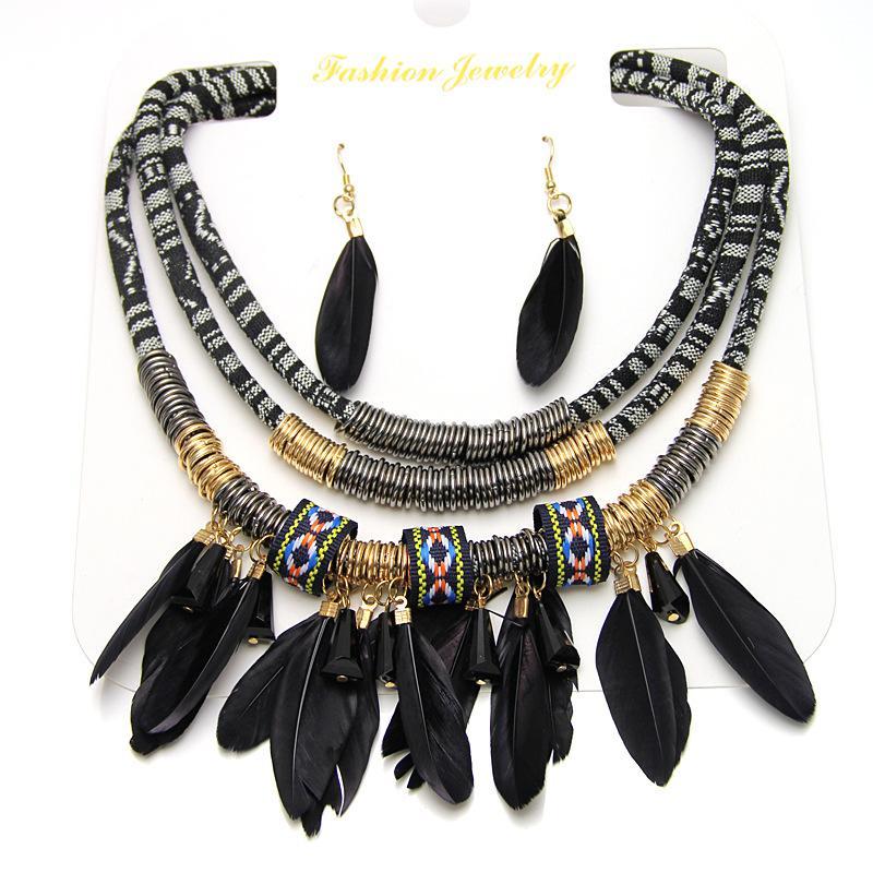 Multilayer Alloy Feather Tassel Necklace Earrings Set