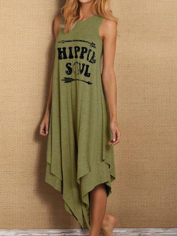 Simple European and American Letters Printed Casual Long-necked Short-sleeved Vest Dress