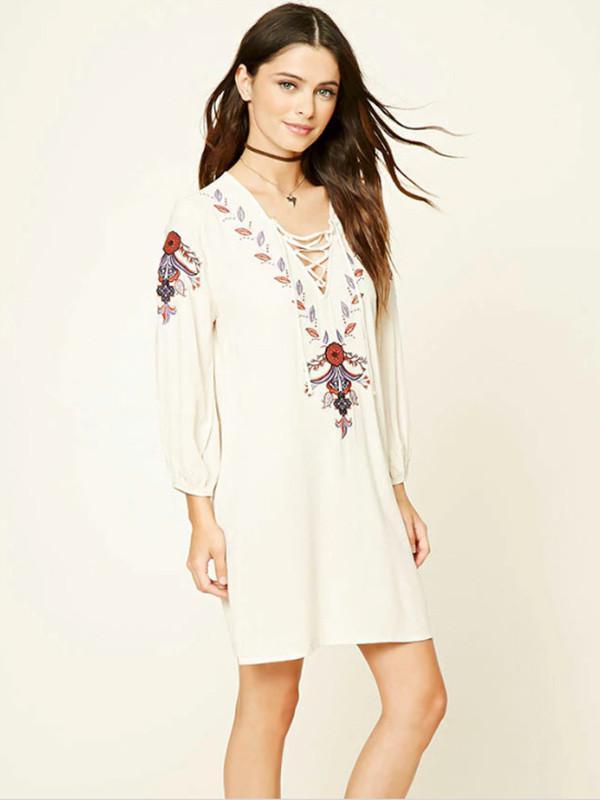 Fashion Inwrought Floral-Print Lace-up V Neck Bohemia Beach Dress