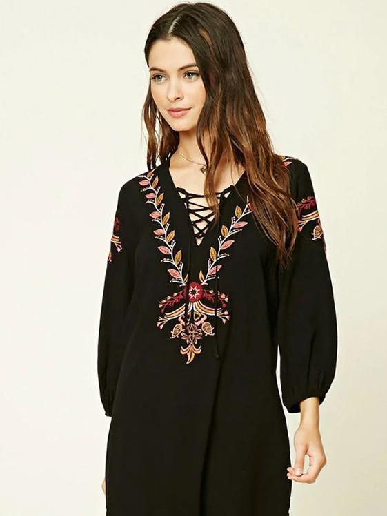 Fashion Inwrought Floral-Print Lace-up V Neck Bohemia Beach Dress