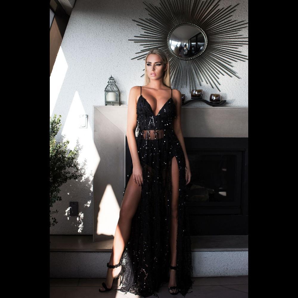 Sexy Lace Sequin Split Party Maxi Dress