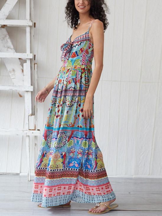 Bohemian Cartoon Printed Strap Maxi V Neck Vintage Chic Summer Beach Casual Ladies Sexy Dress