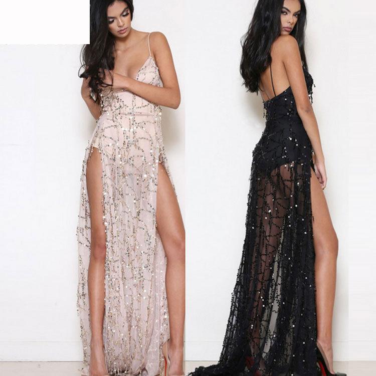 Sexy Lace Sequin Split Party Maxi Dress