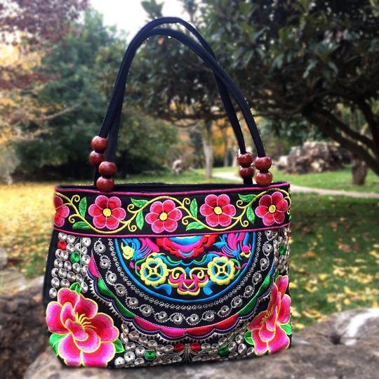 Small Peony Embroidery Ethnic Travel Women Shoulder Bags Handmade Canvas Wood Beads Handbag - hiblings