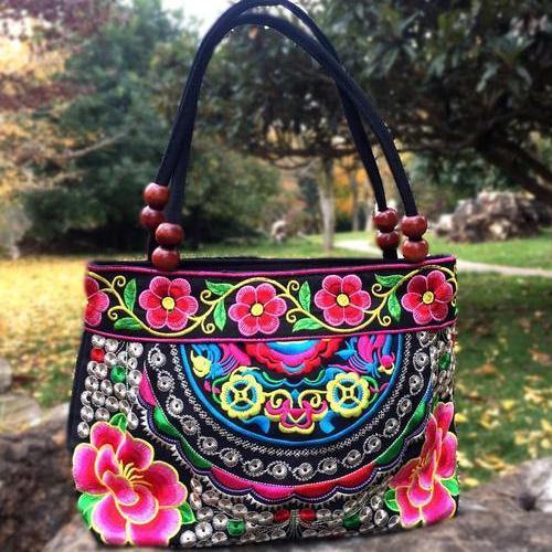 Small Peony Embroidery Ethnic Travel Women Shoulder Bags Handmade Canvas Wood Beads Handbag - hiblings