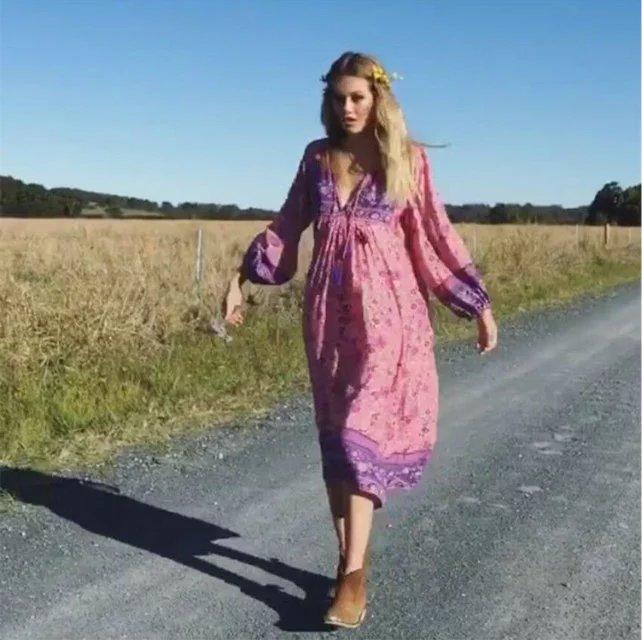 Boho Gypsy Floral Tassel V Neck Long Sleeve Bohemian Fashion Dress