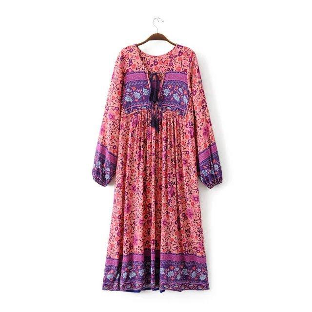 Boho Gypsy Floral Tassel V Neck Long Sleeve Bohemian Fashion Dress