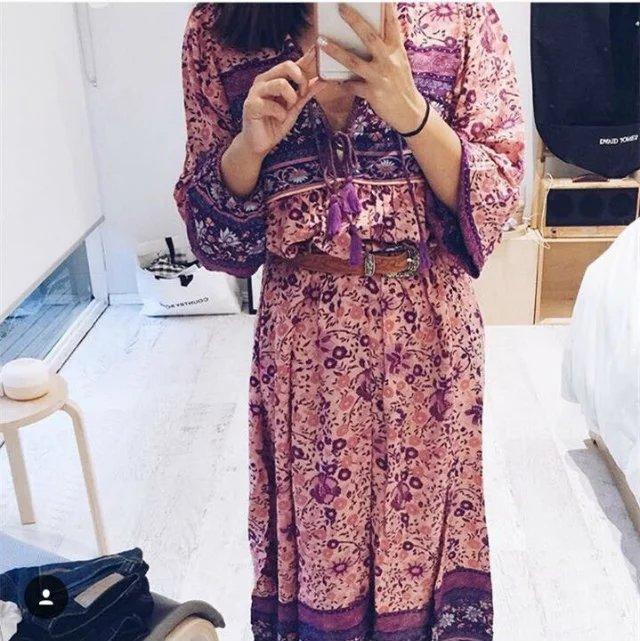 Boho Gypsy Floral Tassel V Neck Long Sleeve Bohemian Fashion Dress