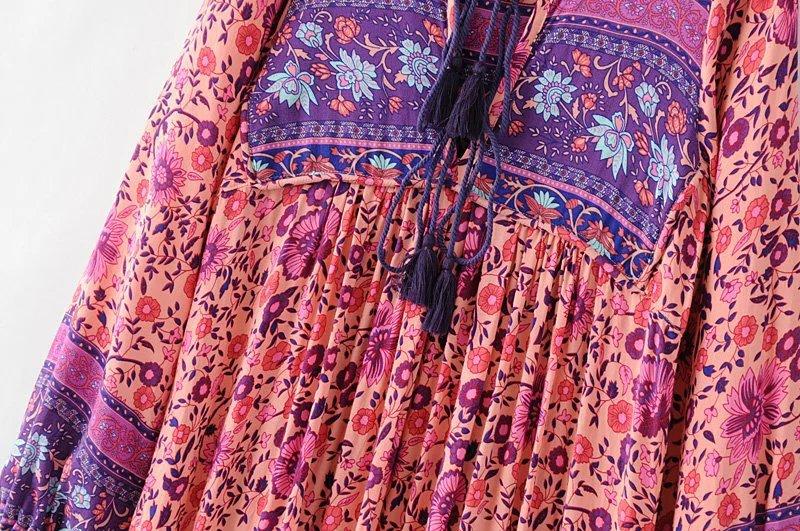 Boho Gypsy Floral Tassel V Neck Long Sleeve Bohemian Fashion Dress