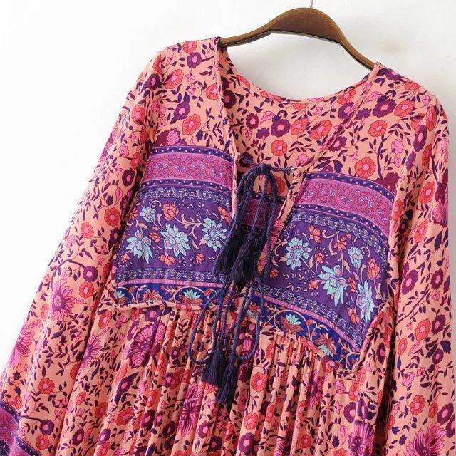 Boho Gypsy Floral Tassel V Neck Long Sleeve Bohemian Fashion Dress